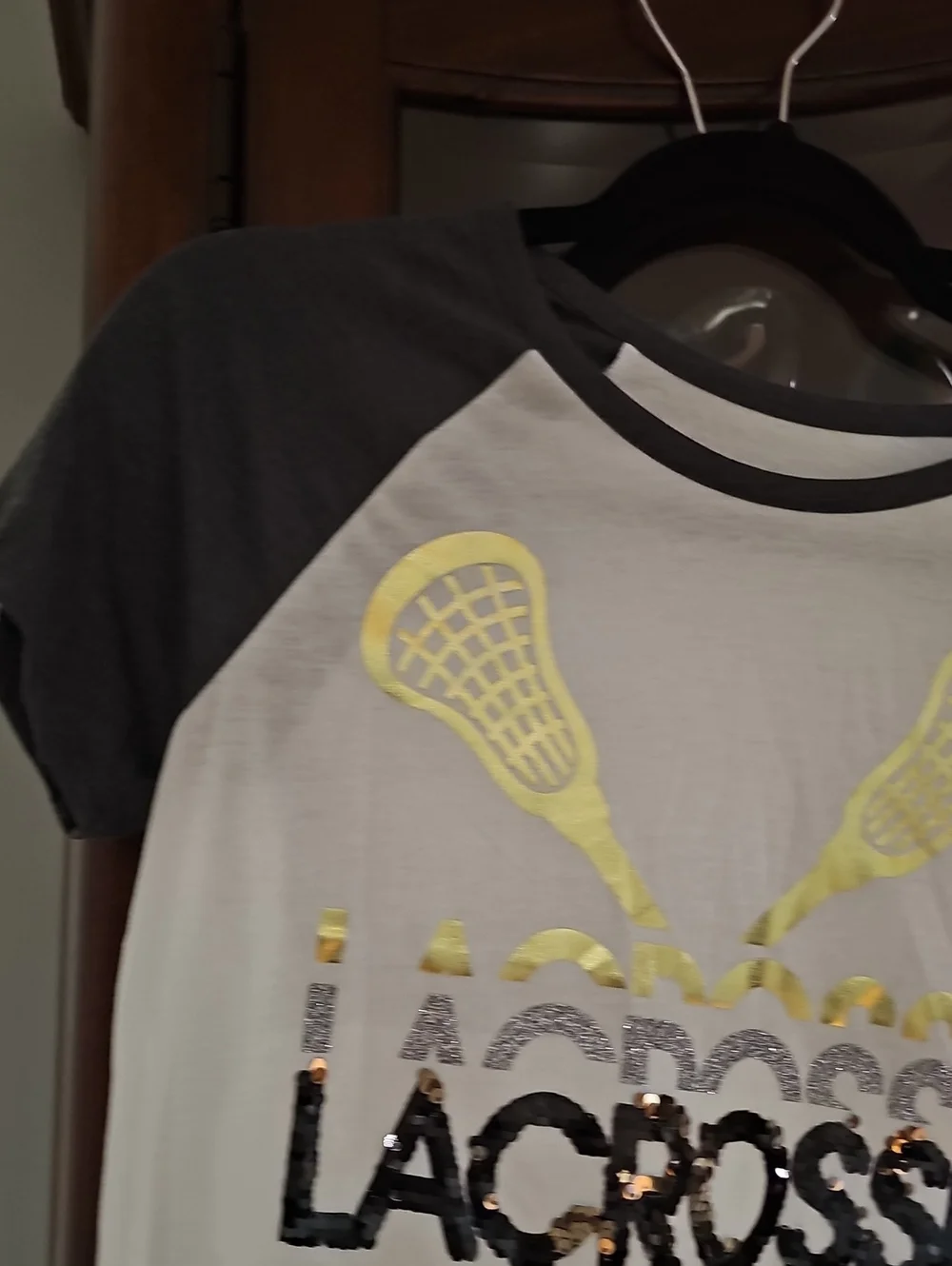 Justice Lacrosse Raglan Glitter Tee - White with Charcoal Sleeves Sz 14-16 Nwt